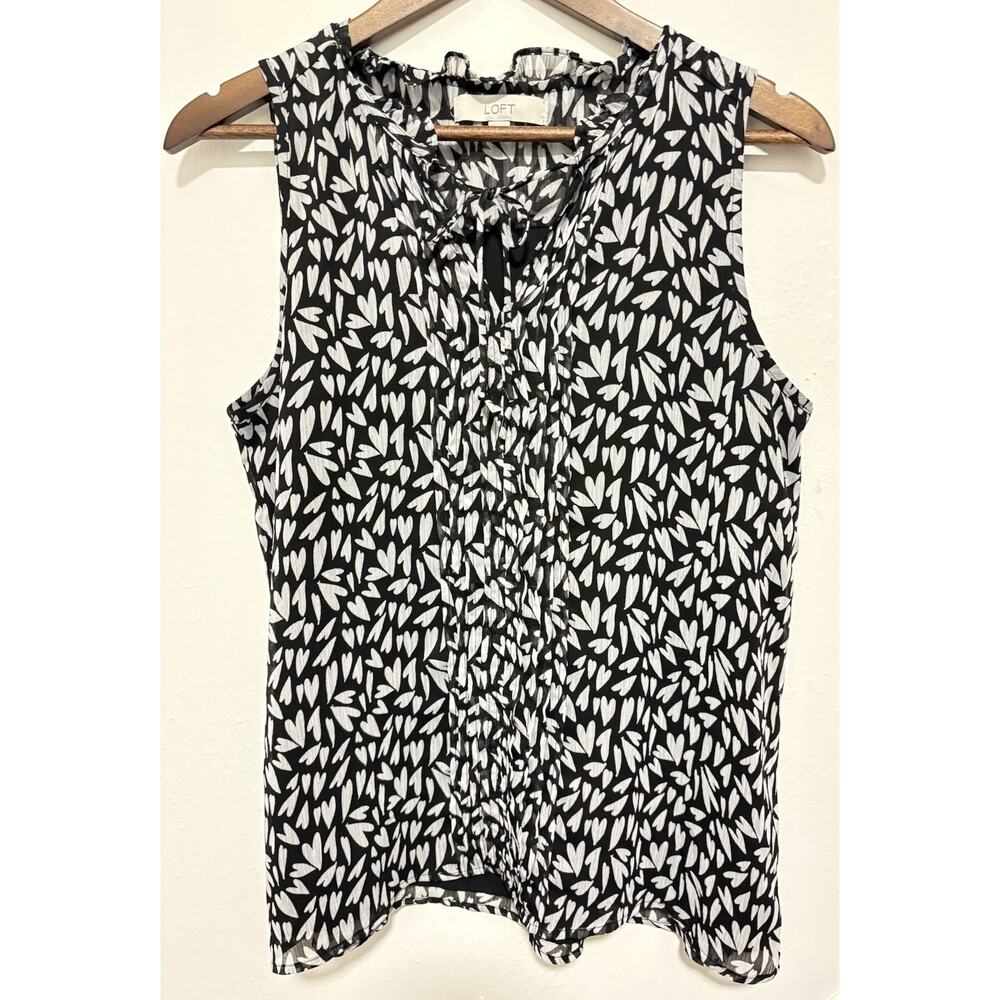 LOFT Black White Sleeveless Ruffle Blouse Tie Neck Lined Top Women M